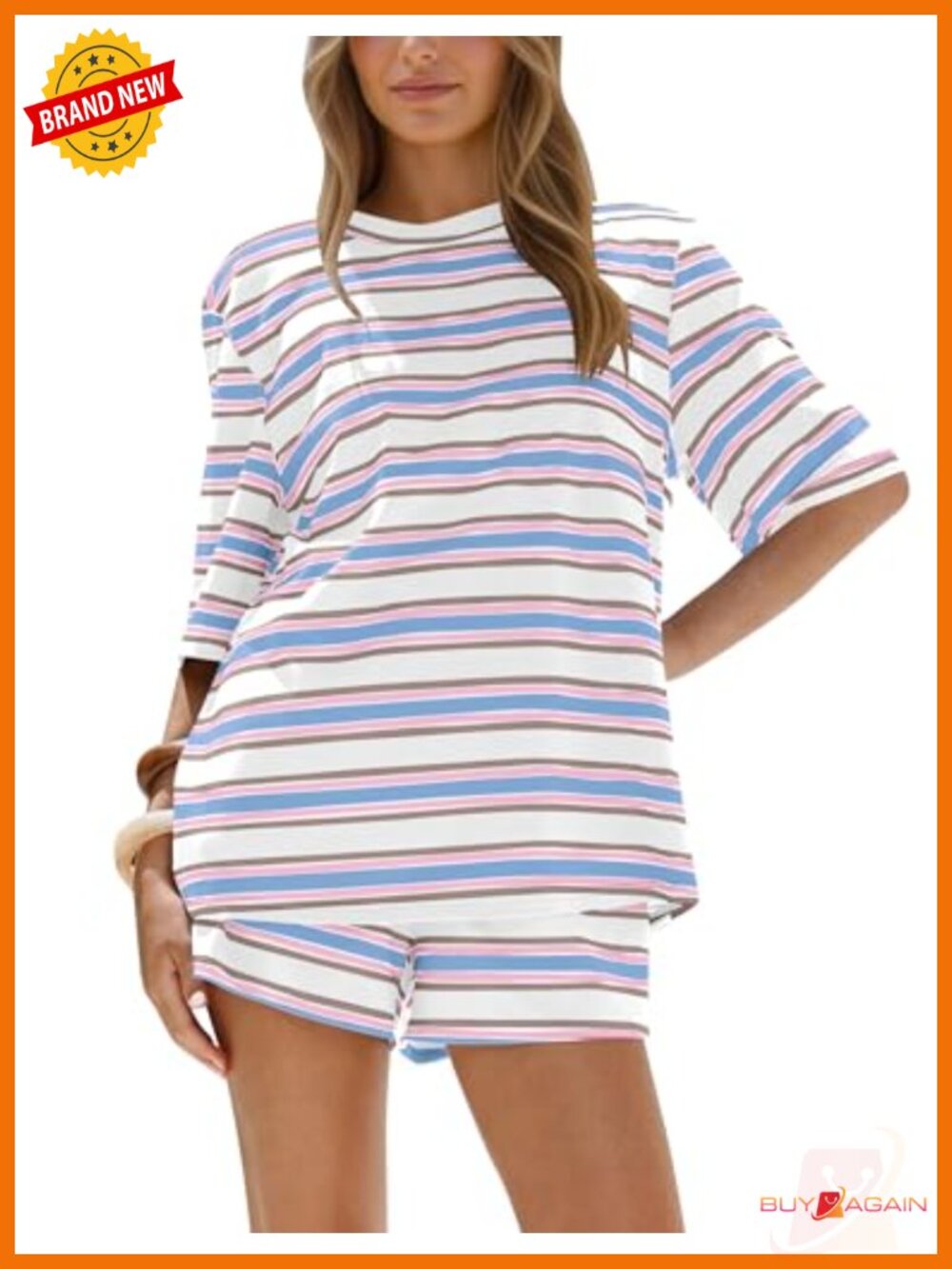 Striped 2 Piece Lounge Short Set Oversized Tee Wide Leg Shorts Cotton Blend